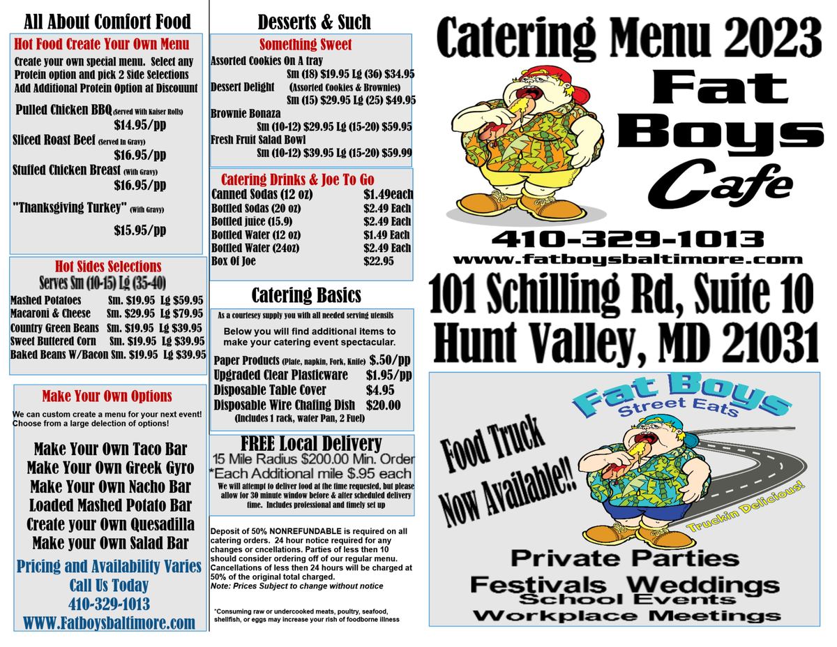 Fat Boys printed catering menu, page one