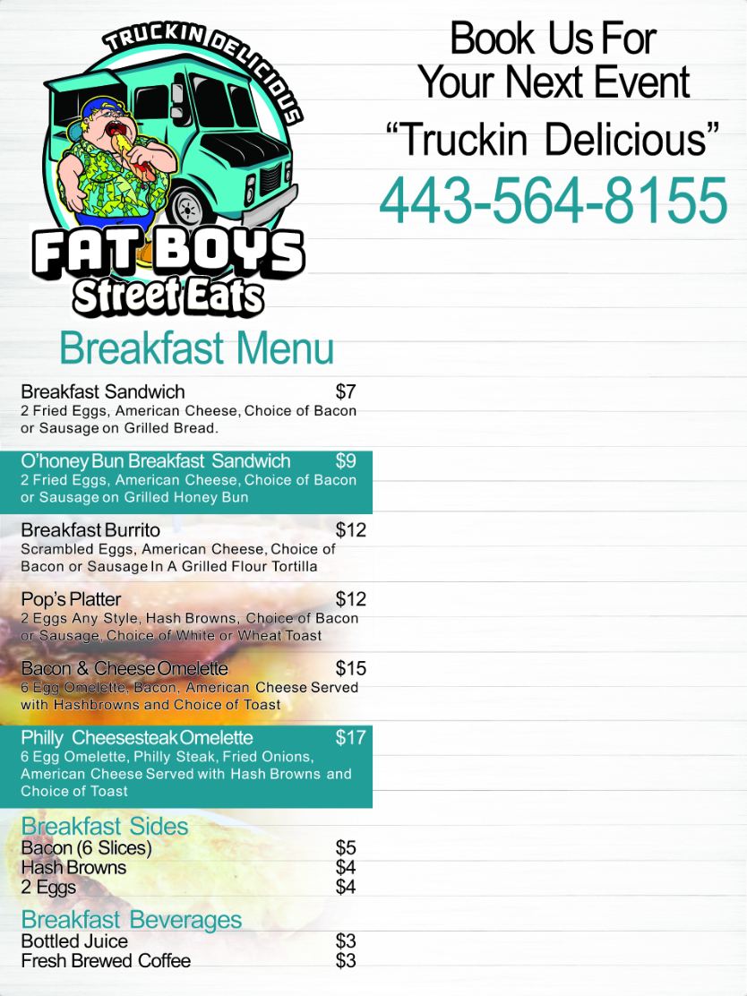 Fat Boys Street Eats food truck menu, page two