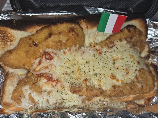 Chicken parmesan sub from Fat Boys Street Eats, baked with melted mozzarella and herbs