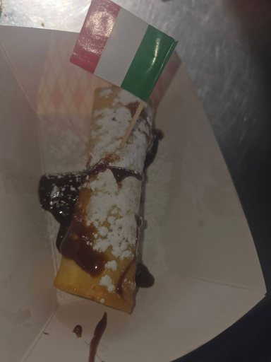 Fried cannoli roll finished with chocolate sauce and powdered sugar