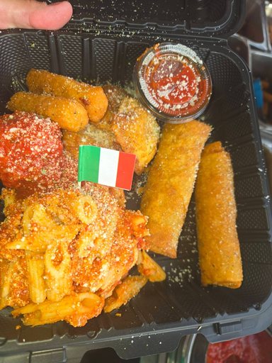 Italian combo platter from the Fat Boys Street Eats truck: mozzarella sticks, fried ravioli, a meatball in marinara, penne and egg rolls